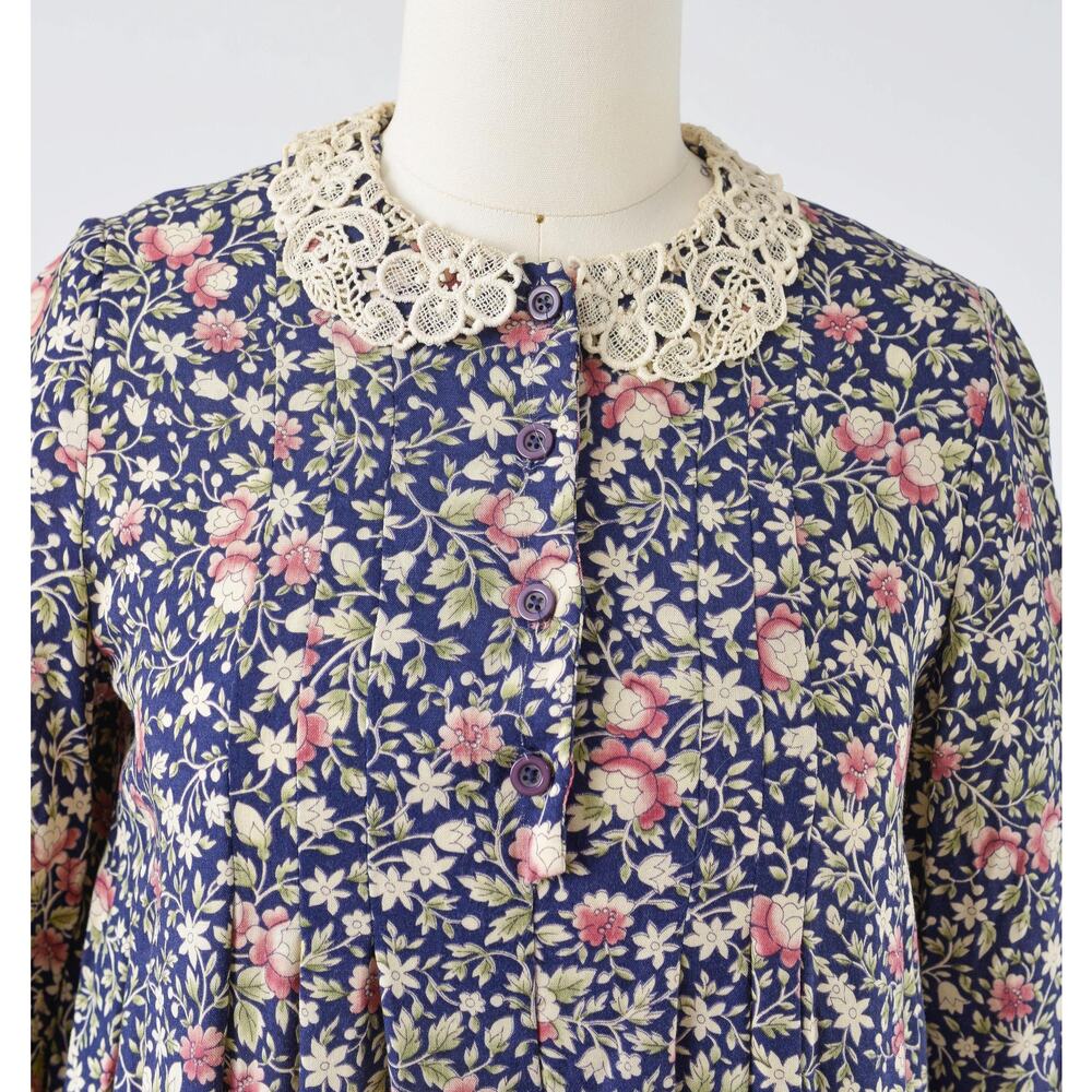 Vintage 70s Floral Babydoll Peter Pan Lace Collared Midi Dress with Pockets S - Picture 4 of 10